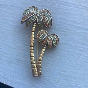 Gold Palm Tree Brooch with Orange and Green Accents